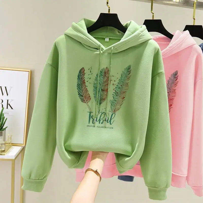 Women Fashion Feather Printed Hoodies