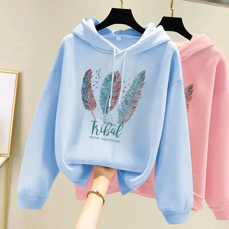 Women Fashion Feather Printed Hoodies